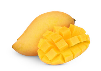 whole and half ripe mango fruit isolated, png