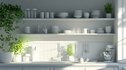 White kitchen with plants and dishes. AI.