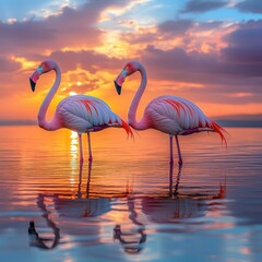 Fototapeta premium An enchanting shot of flamingos standing in shallow water, their pink feathers reflecting in the calm, blue water, with a warm sunset casting a golden glow over the scene.
