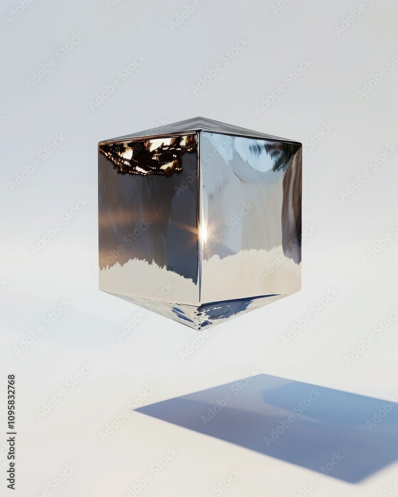 Poster floating metallic cube in a foggy white void minimalist visual art soft shadows abstract conceptual 