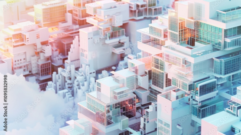 Poster exploring fractal urban landscapes recursive building structures in a mathematical city design with 