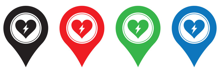 Aed sign with heart and electricity symbol.
