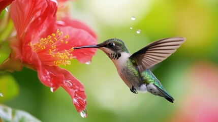 Fototapeta premium A close-up of a hummingbird hovering delicately near a bright red flower, its wings beating rapidly in perfect synchronization with the surrounding nature.