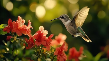 Fototapeta premium A close-up of a hummingbird hovering delicately near a bright red flower, its wings beating rapidly in perfect synchronization with the surrounding nature.
