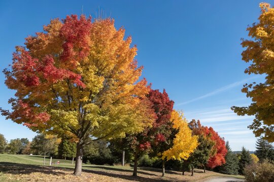 Colorful maple trees with changing autumn leaves against a clear blue sky, colors, autumn, leaf, tree