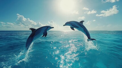 Fototapeta premium A 4K slow-motion shot of dolphins leaping playfully out of the turquoise ocean, their sleek bodies glistening under the bright sun.