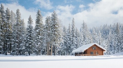 A snowy winter landscape with a cabin in the woods, icicles hanging from the roof, and snow-covered pine trees in the background