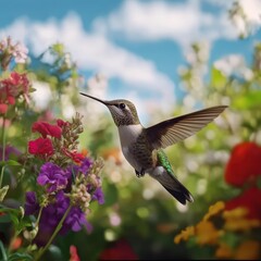 Fototapeta premium A 4K slow-motion video of a hummingbird hovering near a cluster of vibrant flowers, its wings beating rapidly as it sips nectar.