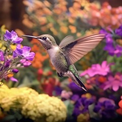 Fototapeta premium A 4K slow-motion video of a hummingbird hovering near a cluster of vibrant flowers, its wings beating rapidly as it sips nectar.