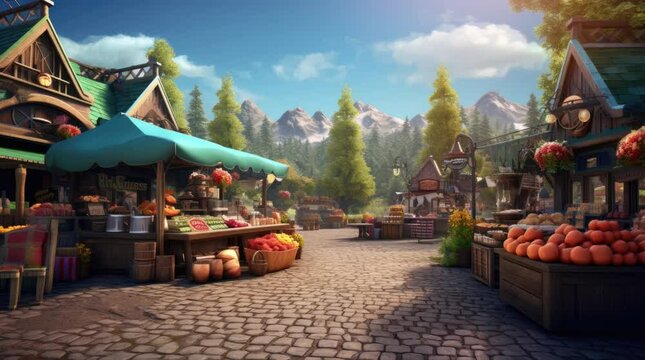 A view of a street market during the day. 4k animated video
