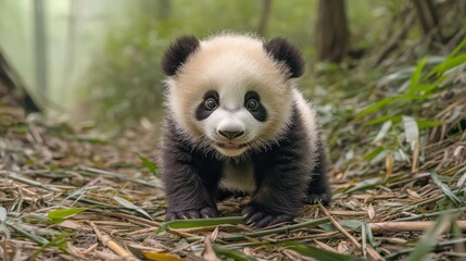 Fototapeta premium A panda cub playing in a bamboo forest, its soft black-and-white fur and playful antics providing a heartwarming glimpse into nature.