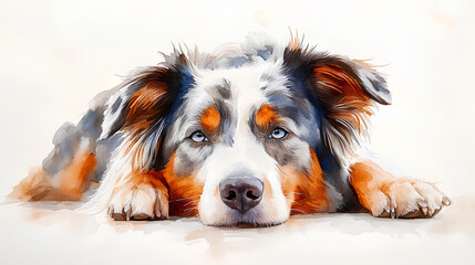 Fototapeta premium A watercolor Australian Shepherd lying in a relaxed pose, its fluffy coat spread softly around it, painted gently against white