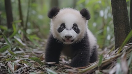 Obraz premium A panda cub playing in a bamboo forest, its soft black-and-white fur and playful antics providing a heartwarming glimpse into nature.