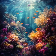 Obraz premium A beautiful image of a coral reef teeming with life, featuring colorful fish, soft corals, and sponges in an explosion of colors, illuminated by the sunlight filtering through the water.