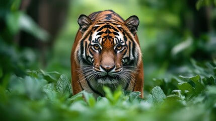 A Bengal tiger prowling through a dense green forest, its striking orange and black stripes vividly contrasting with the lush surroundings.