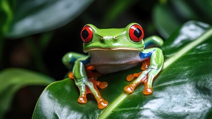 Fototapeta premium A bright green tree frog with red eyes perched on a large leaf, surrounded by the vibrant flora of a tropical rainforest.