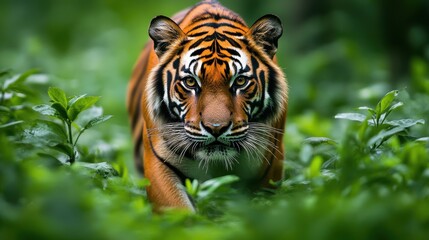 A Bengal tiger prowling through a dense green forest, its striking orange and black stripes vividly contrasting with the lush surroundings.