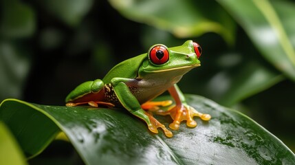 Fototapeta premium A bright green tree frog with red eyes perched on a large leaf, surrounded by the vibrant flora of a tropical rainforest.