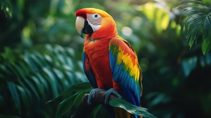 Obraz premium A close-up of a tropical parrot perched on a branch, its vivid rainbow-colored feathers standing out against the deep green jungle foliage.