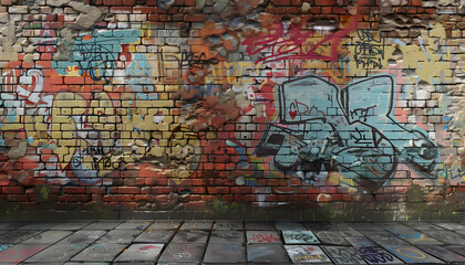 A vibrant urban scene featuring a brick wall covered in colorful graffiti art, exuding creativity and cultural expression.