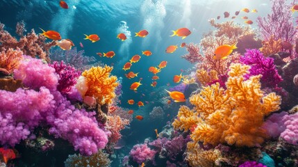 Obraz premium A colorful coral reef teeming with life, featuring bright fish, soft corals, and sponges in a kaleidoscope of colors, bathed in sunlight filtering through the water.