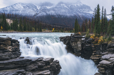 long exposure of a waterfall under snow mountains and forest