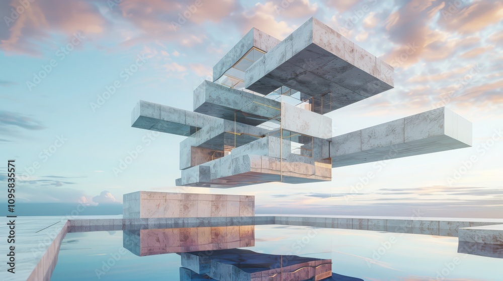 Poster exploring impossible architectural geometry floating building fragments in soft gradients urban envi