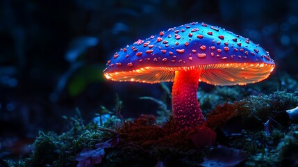 Bioluminescent Mushroom Glowing In Dark Forest
