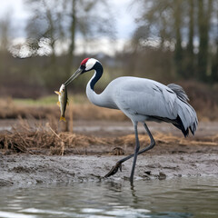 Obraz premium Great Blue Heron with freshly caught native brook trout in beak Generative AI