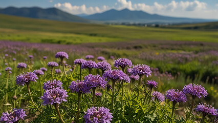 Obraz premium A stretch of purple verbana flowers with a background of green savanna hills and a cloudy blue sky with bokeh background