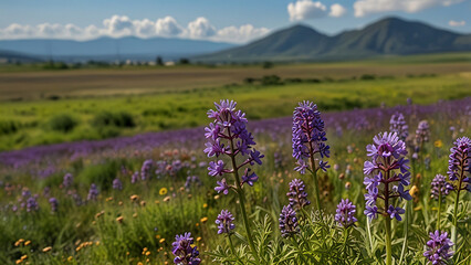 Obraz premium A stretch of purple verbana flowers with a background of green savanna hills and a cloudy blue sky with bokeh background