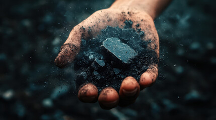 Dramatic close up of hand holding coal, showcasing texture and detail. dark, gritty substance contrasts with skin, evoking sense of raw nature and industry