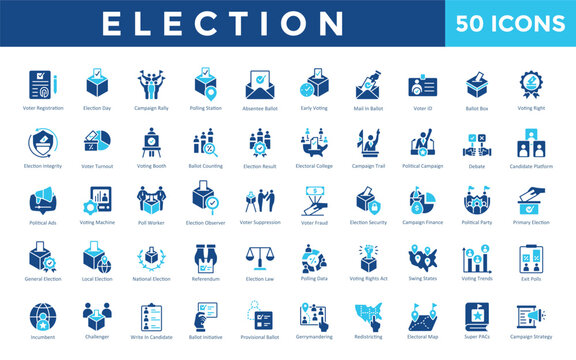Election icons set with voter registration, election day, campaign rally, polling station, absentee ballot, early voting, mail in ballot, voter id, ballot box, voting right icon. Simple flat vector 
