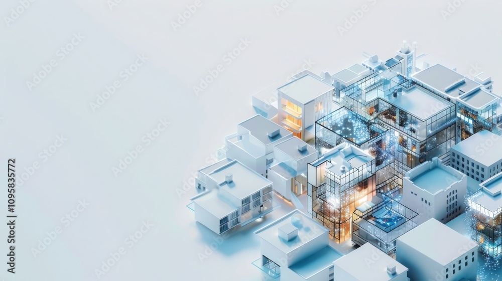Poster visualizing interconnected smart data points in a minimal technological landscape a soft metallic ap