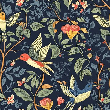 Seamless pattern with hummingbirds, flowers and leaves on dark background.