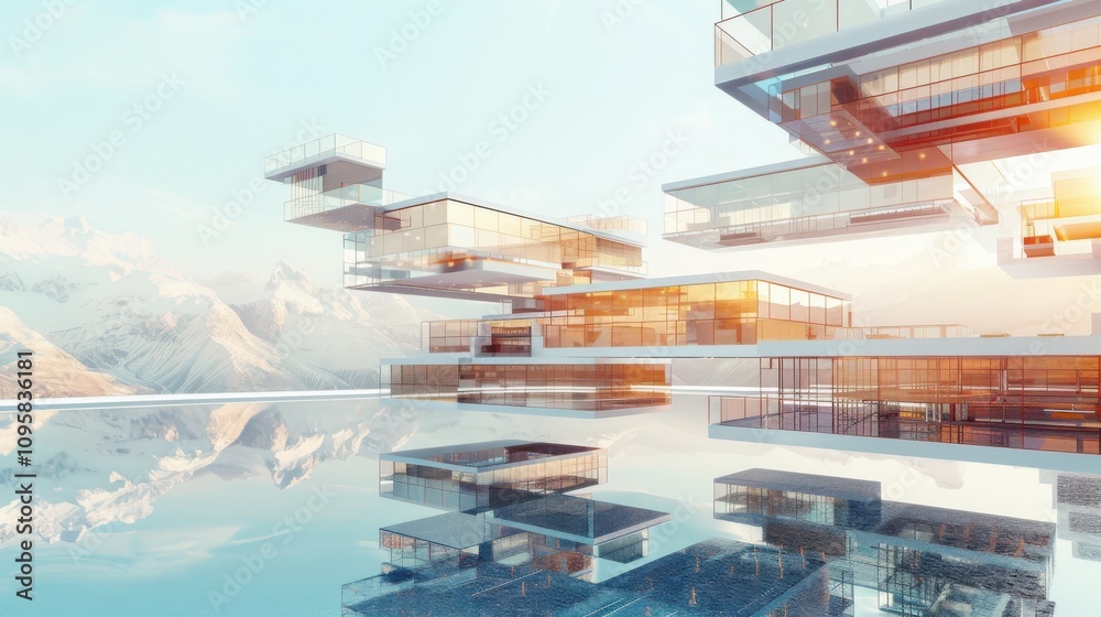 Poster exploring levitating architectural complexes transparent floating structures with digital interfaces