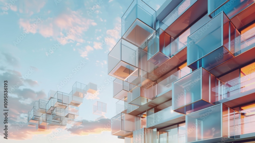 Poster exploring levitating architectural complex geometric floating structures with transparent digital in