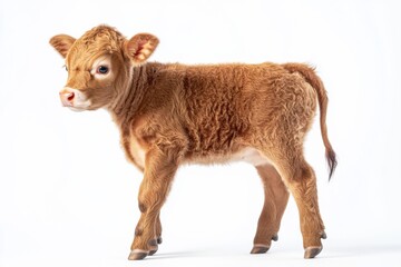 Fototapeta premium the beside view baby Limousin Cow standing, left side view, low angle, white copy space on right, Isolated on White Background