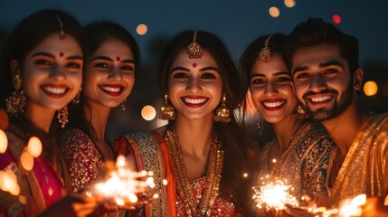 Fototapeta premium A group of friends celebrating Diwali by bursting fireworks, wearing ethnic attire, with joyous expressions against a dark sky.