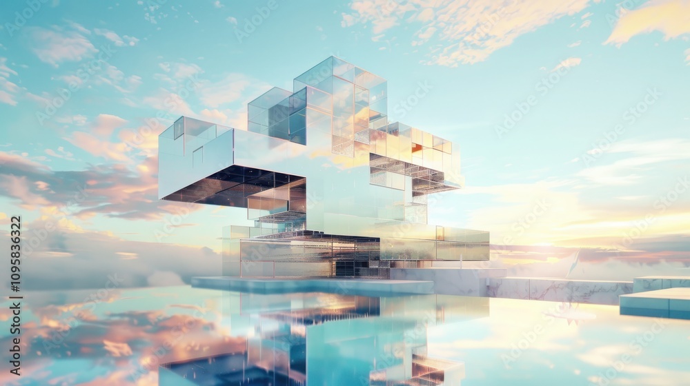 Poster exploring levitating architectural complexes with transparent digital interfaces and soft electric c