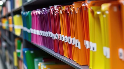 Colorful folders neatly arranged on shelves in office setting, creating organized and vibrant atmosphere. variety of colors adds lively touch to workspace, enhancing productivity