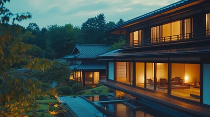 Obraz premium A Japanese home nestled in a tranquil village, where a family on vacation enjoys a relaxing evening together, surrounded by traditional decor and warm lighting.