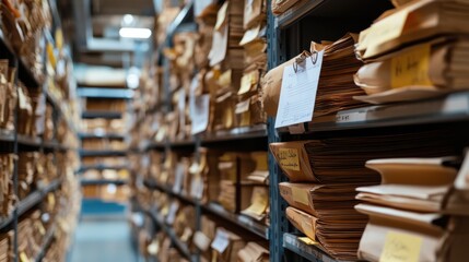 cluttered archive room filled with stacks of paper files and folders on metal shelves, representing traditional document storage. scene conveys sense of overwhelming organization
