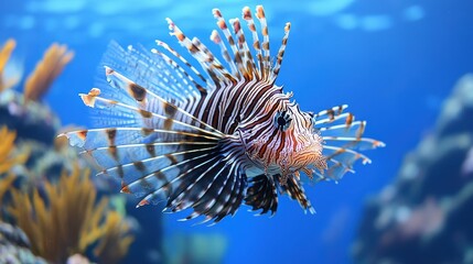 A lionfish gliding gracefully through the ocean, its spiky fins and striped body creating a dramatic, colorful display in the deep blue water.