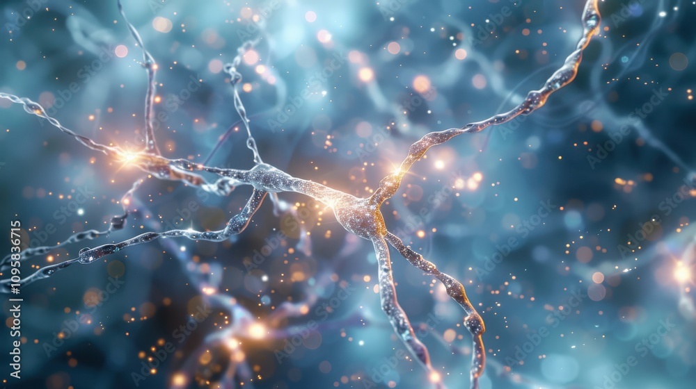 Poster visualizing machine learning data flow abstract neural network with interconnected luminescent nodes