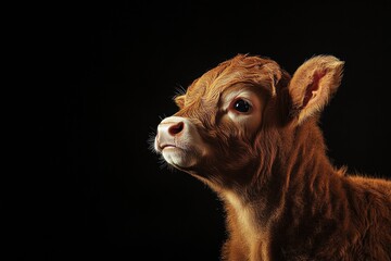 Mystic portrait of baby Limousin Cow in studio, copy space on right side, Headshot, Close-up View, isolated on black background