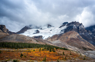 tundra under snow mountain and cloudy sky