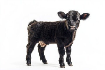 the beside view baby Angus Cow standing, left side view, low angle, white copy space on right, Isolated on White Background