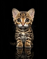 the baby Margay Cat front view, white copy space on right, Isolated on black Background