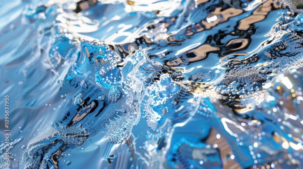 Poster exploring the macro texture of technological surface circuit board patterns in metallic silver and e